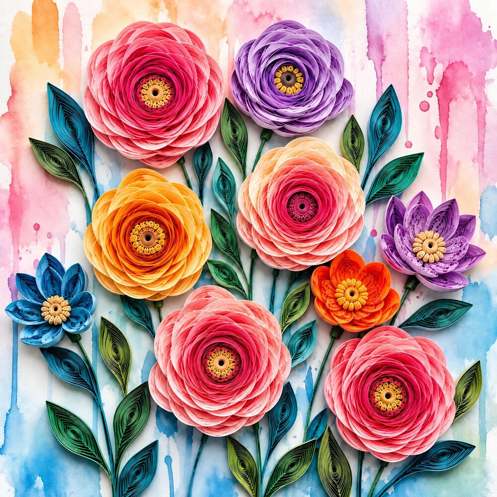 8x10 Framed Colorful Floral Quilling Art Print